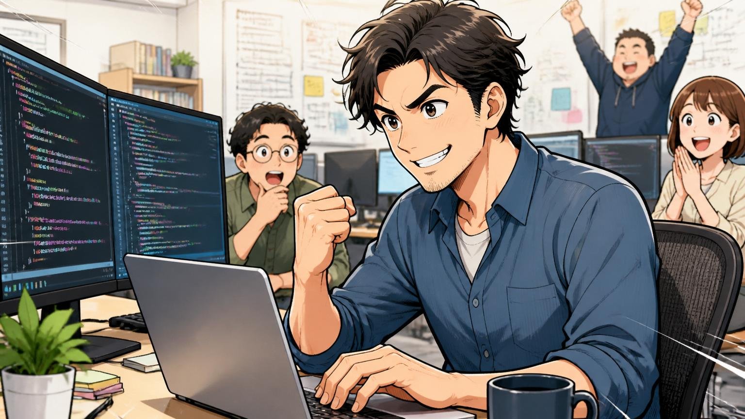 腕の問題ではなく物差しの問題、Web系開発現場で30代エンジニアが自信を取り戻した表情でコードを書く