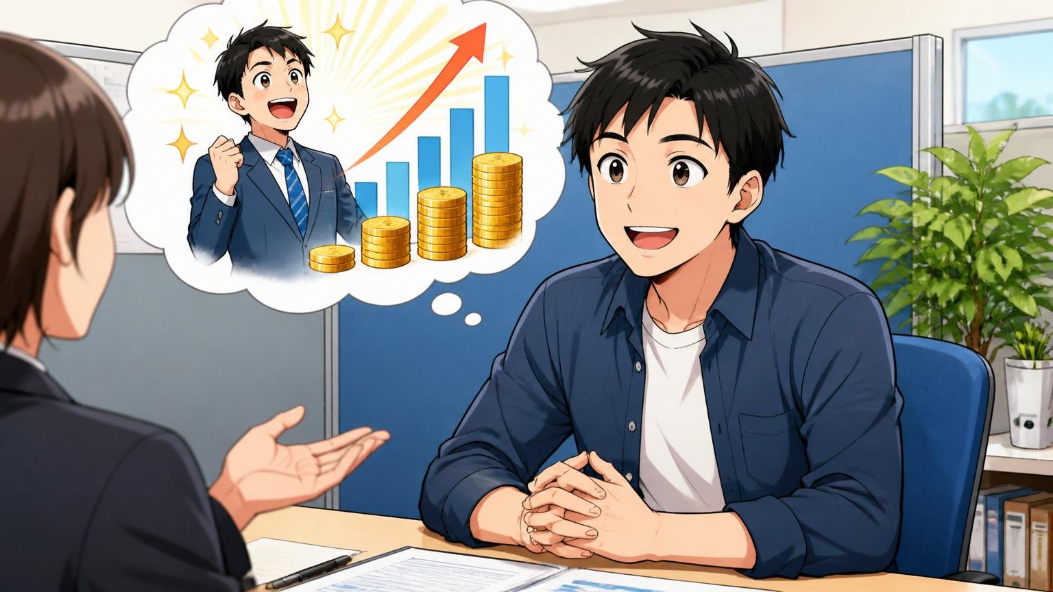 IT技術職は転職で年収が上がる人が約7割。転職エージェントの面談ブースで笑顔でキャリア相談を受ける30代の男性エンジニア1人