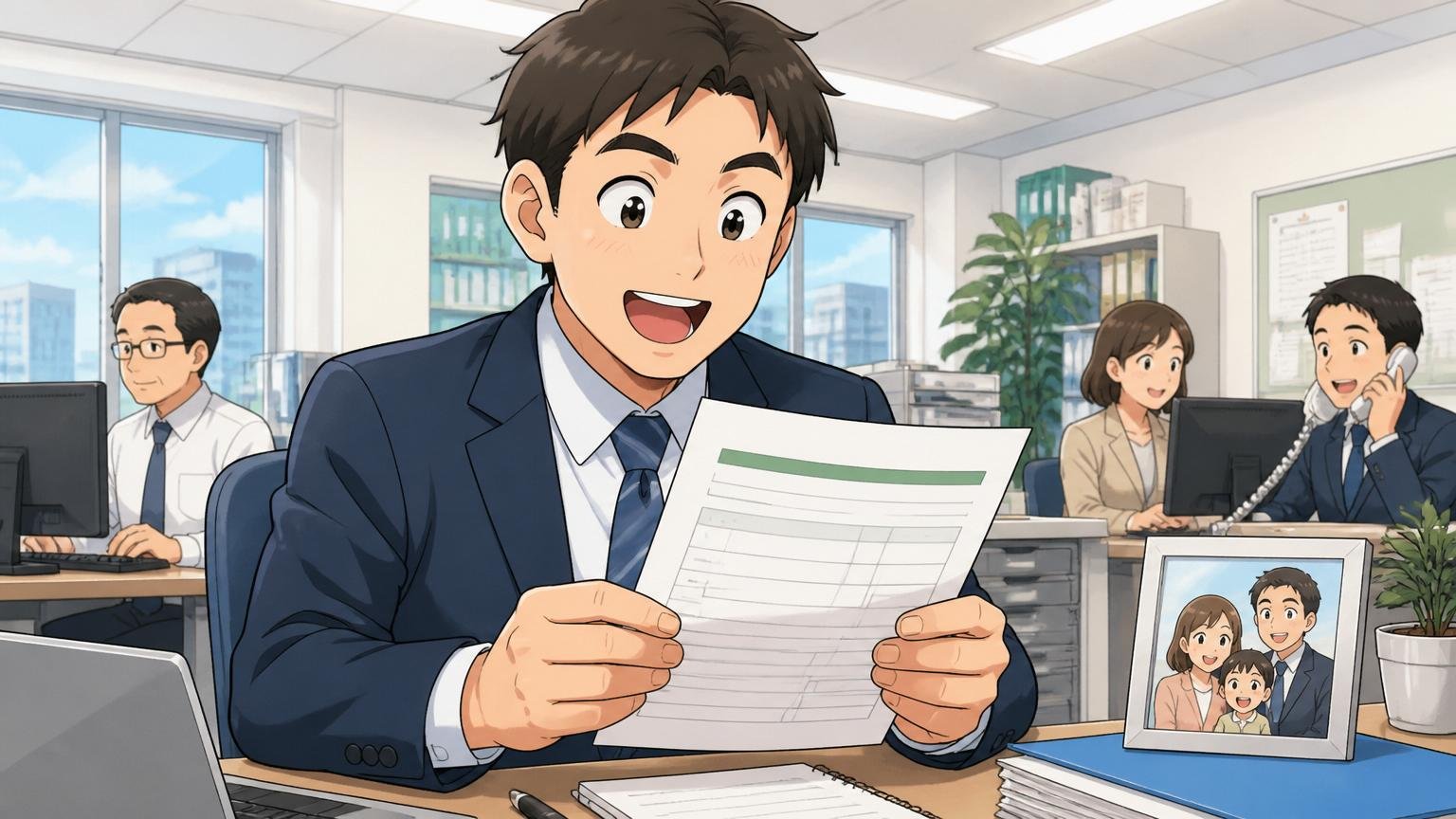 福利厚生と無期雇用という安定。オフィスで住宅手当の書類を手に安心する家族持ち男性社員