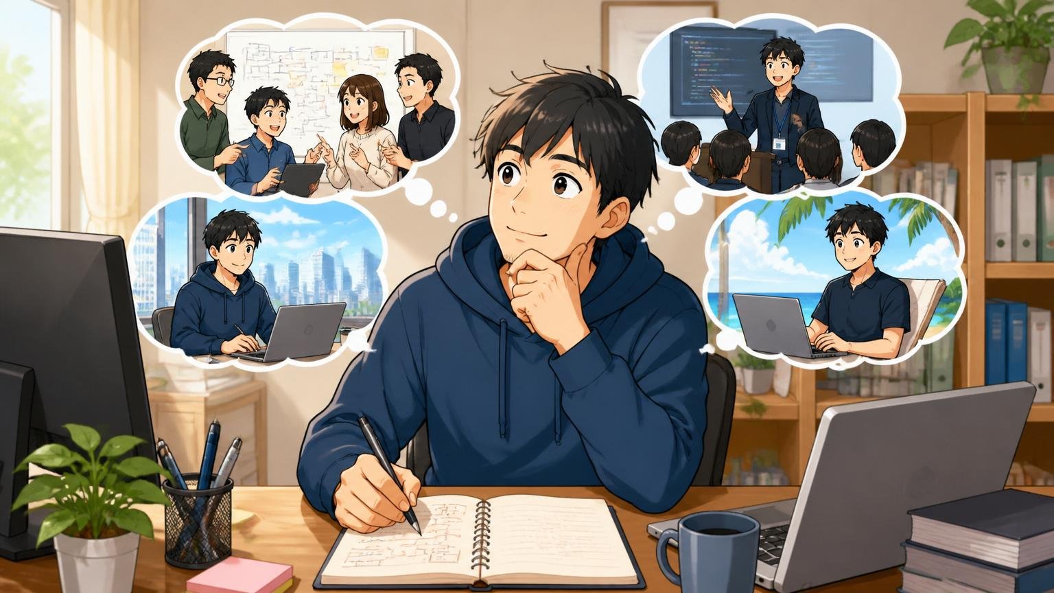 自宅のデスクで5年後の自分を思い描きながらノートに考えを書き出す30代前半の男性エンジニア1人