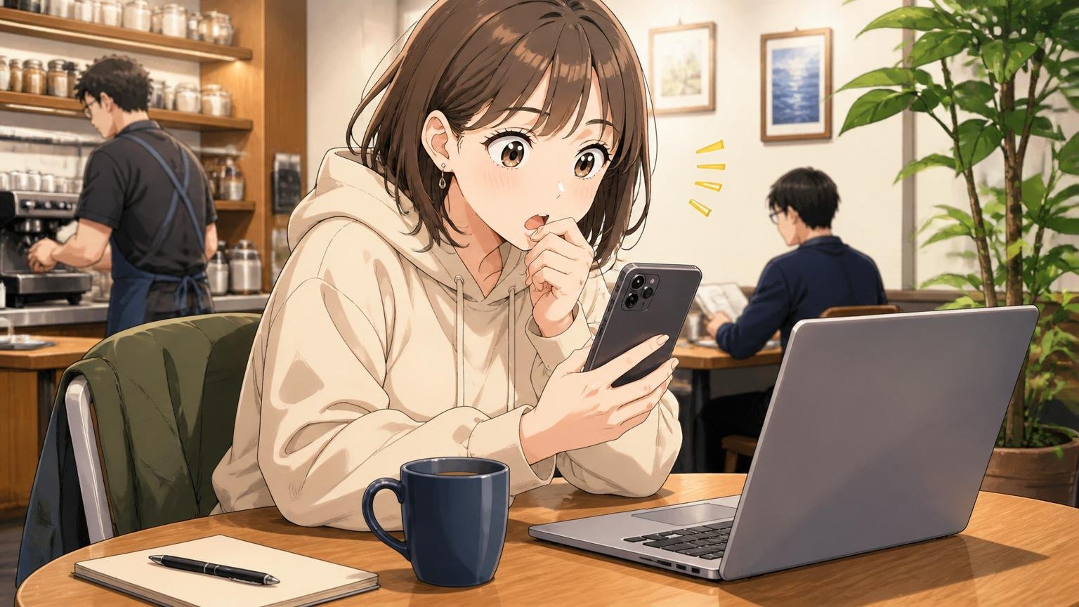 市場価値を知るのはノーリスク。カフェでスマホの年収診断画面を見て少し驚く20代女性エンジニア