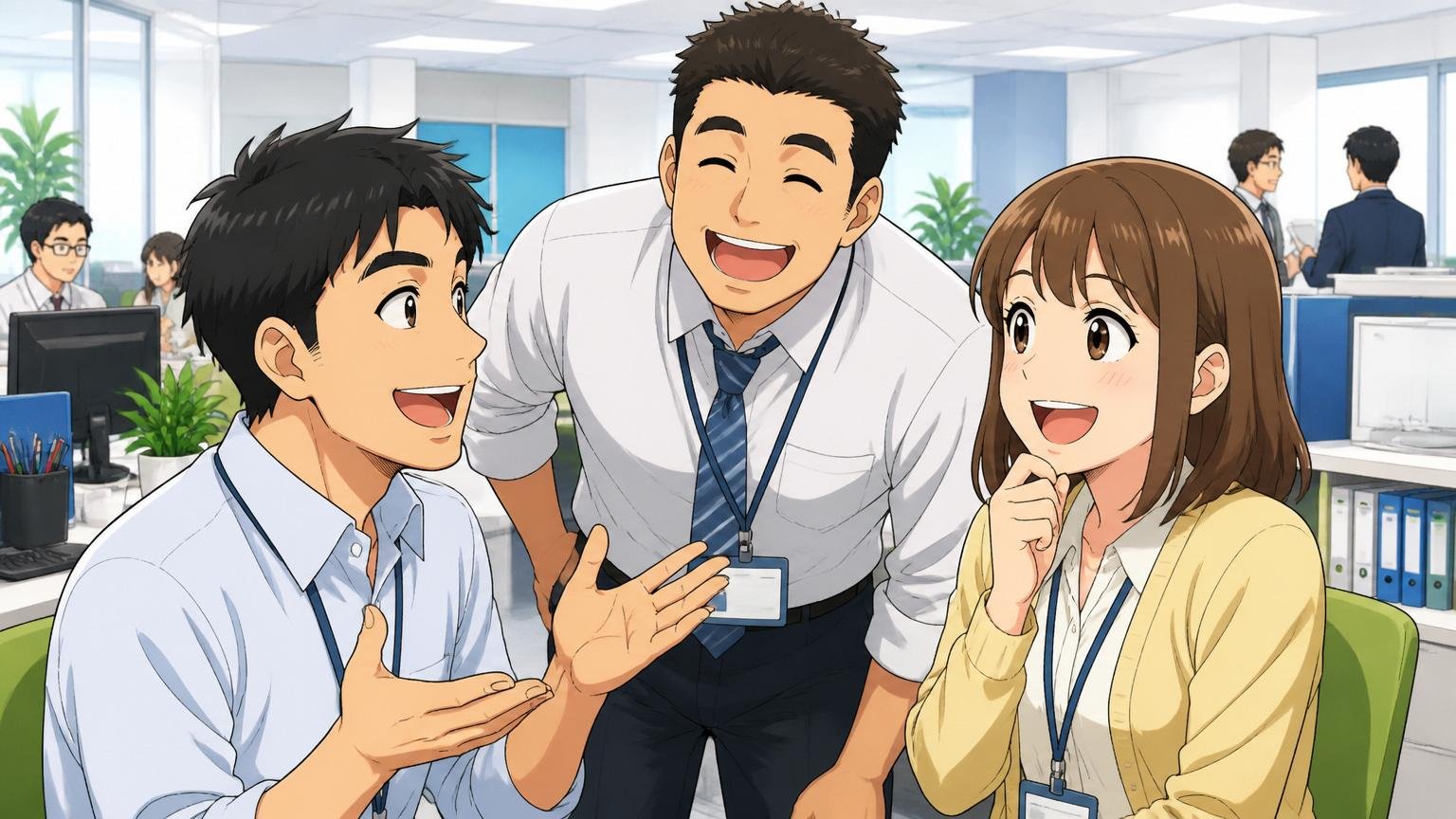 ここに残ってよかったと感じる声もある SIerの明るいオフィスで同僚と笑顔で雑談する男女3人の社員