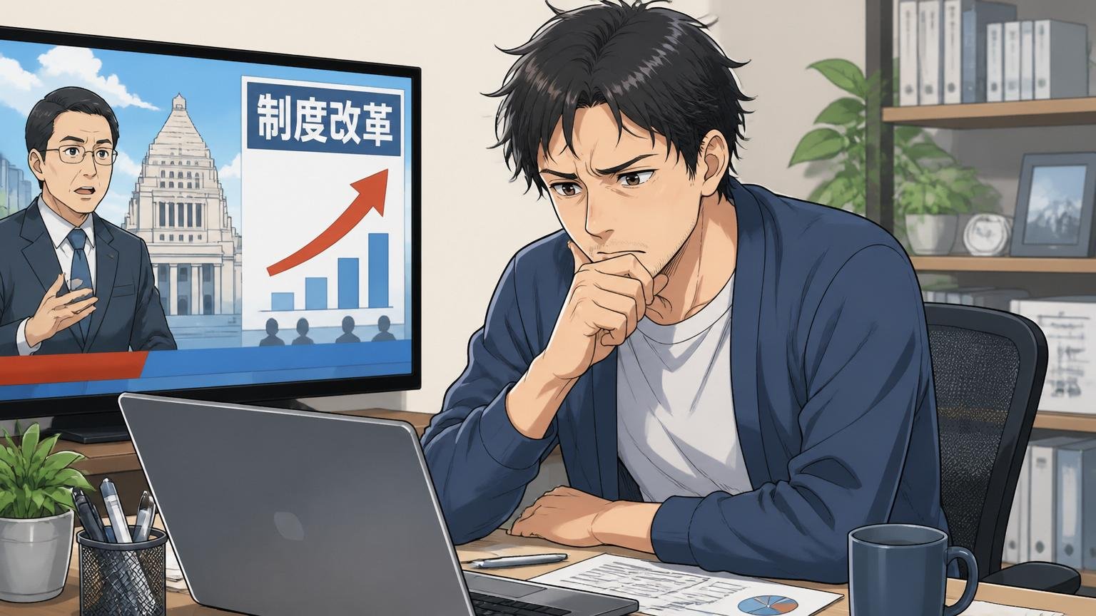 それでも今の自分の実感は別問題 自宅のデスクで在宅勤務 30代男性が1人 制度改革のニュースを見ながらも複雑な表情を浮かべる