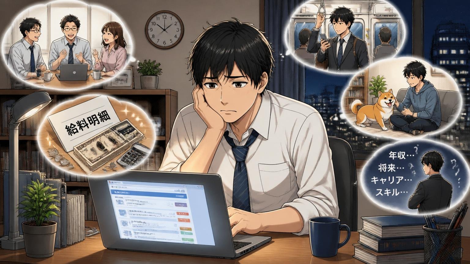 残業少なめで年収以外は悪くないが動けない理由。自宅の夜のデスクで30代男性が転職サイトを前に迷う