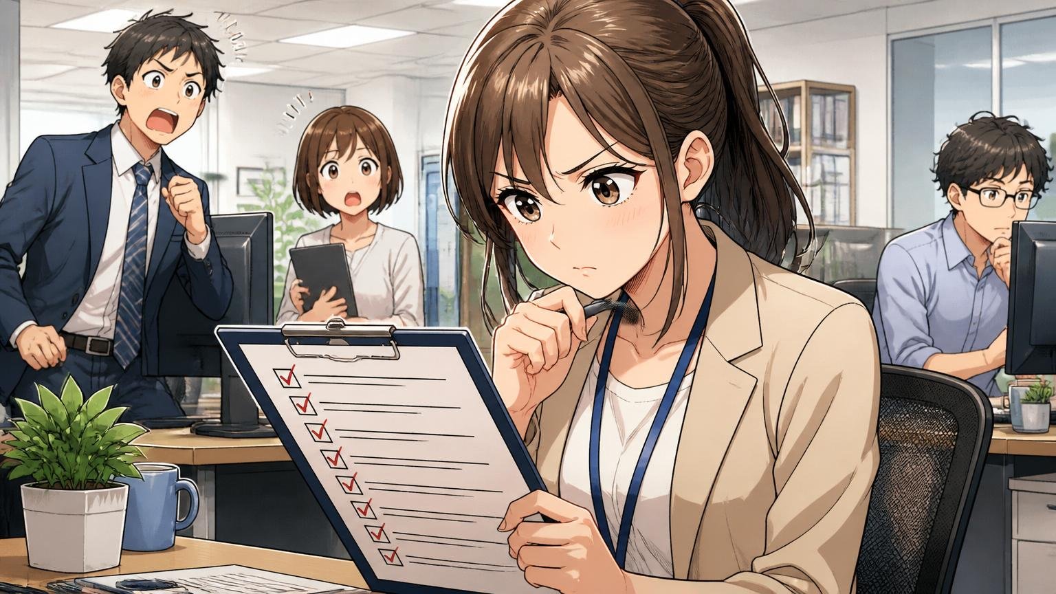それでも動いた方がいい人の条件。IT企業のオフィスで女性社員がチェックリストを真剣に確認