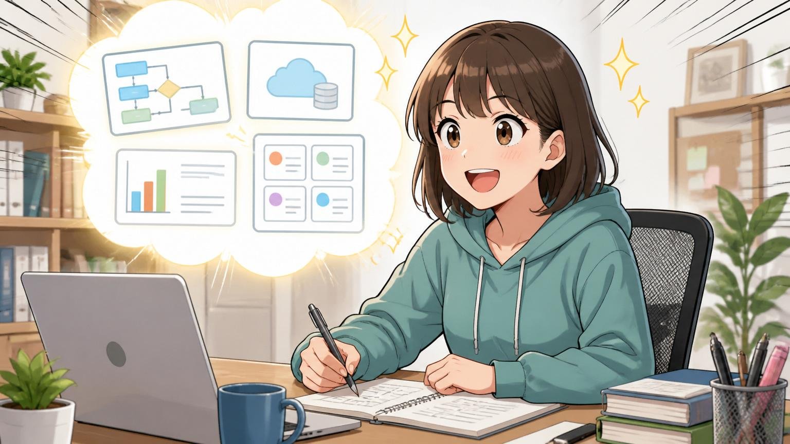 「低い」と分かったとき初めて選択肢が見える。自宅のデスクで女性エンジニアが前向きな表情でメモを取る