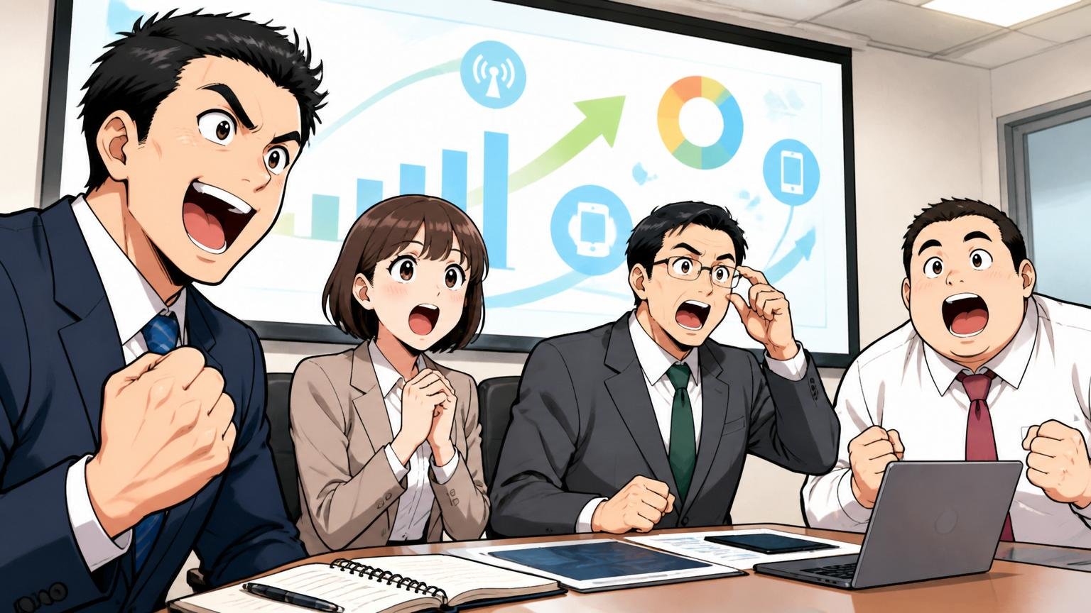 2023年の人事制度改定で会社も変わろうとしている。通信会社の会議室で新制度の説明を聞く社員4人