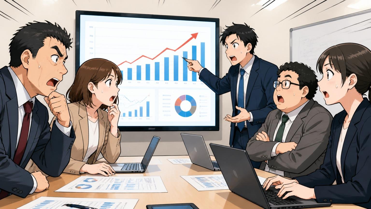 IT人材不足の市場データを確認する場面、企業の会議室、複数のビジネスパーソンが議論する