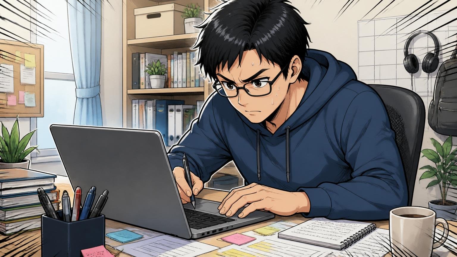 職務経歴書作成中のエンジニア:自宅のデスクで1人がPCに向かって職務経歴書を真剣に書き直す集中した表情