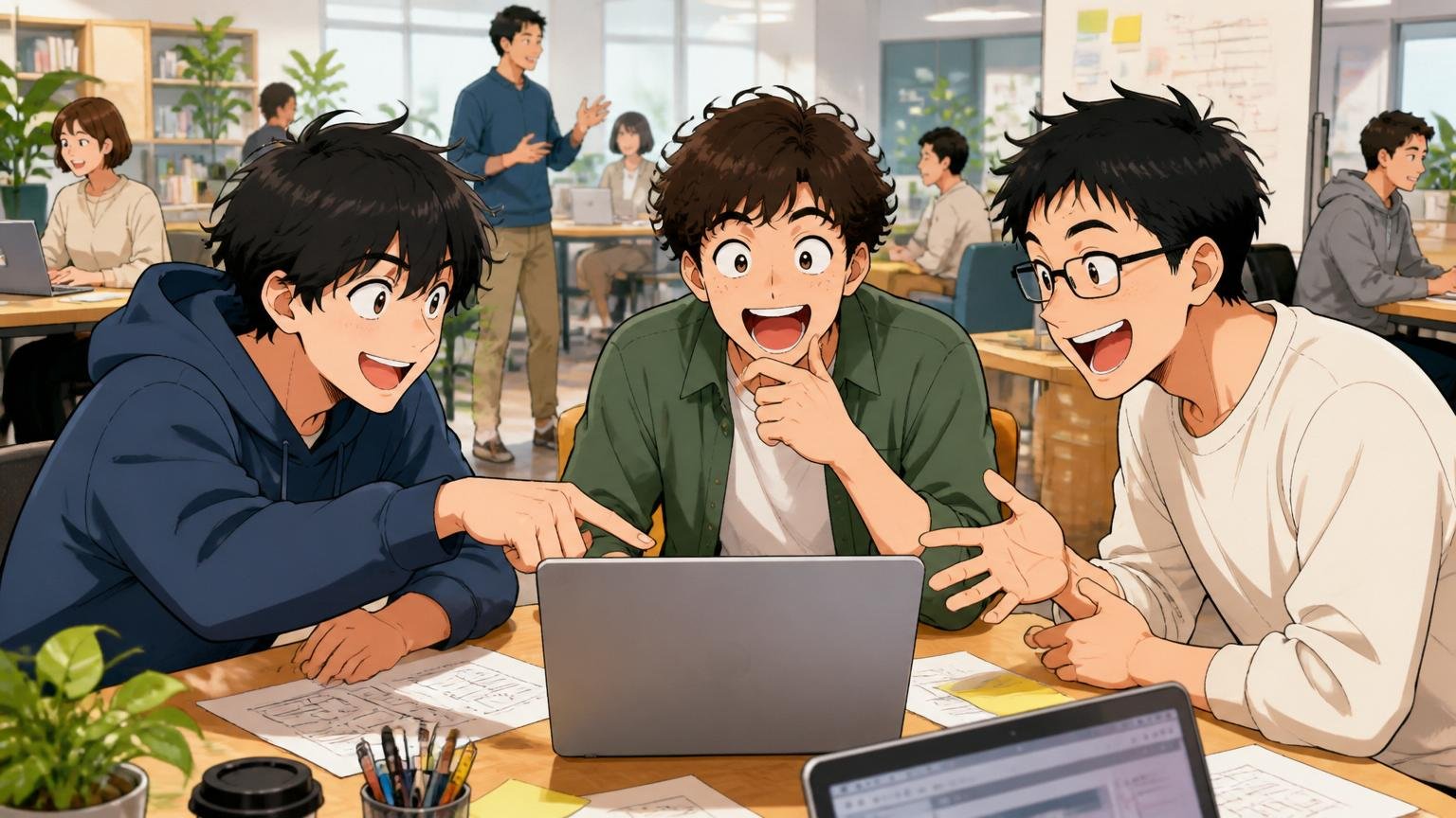 メガベンチャー（楽天・サイバーエージェント・メルカリ等）。Web系メガベンチャーの開放的なオフィスで、3人のエンジニアがPCを囲み笑顔でアイデアを出し合う