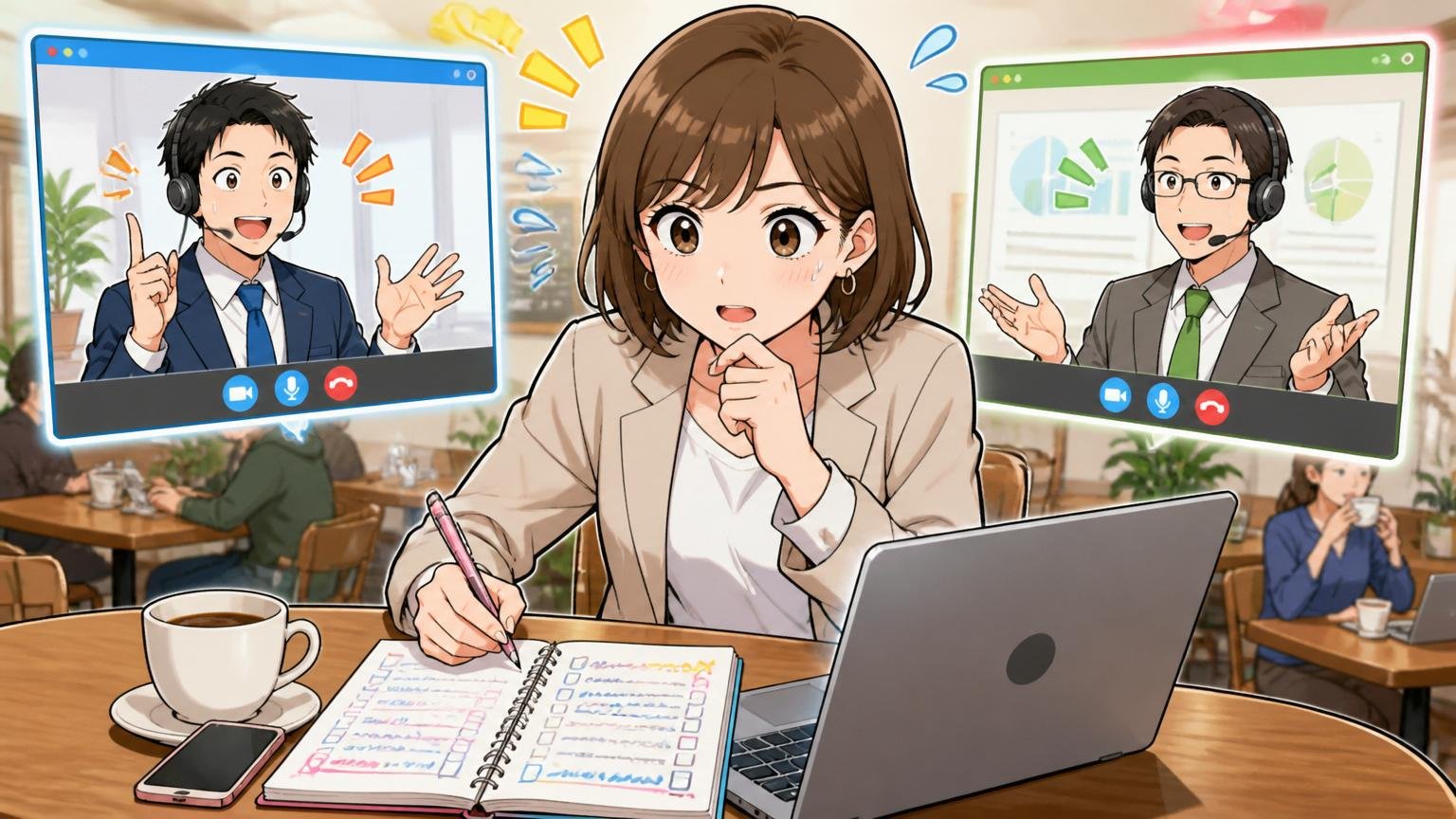 カフェで30代女性エンジニアが2社のエージェントとオンライン面談を並行する画面を切り替えながら比較メモを取る場面