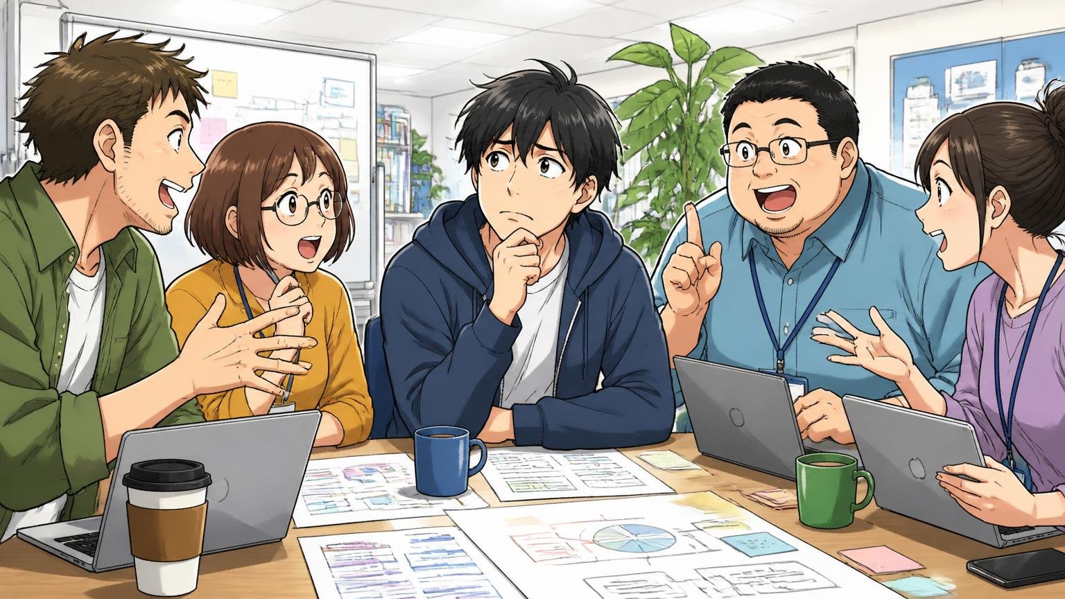 転職した場合のメリットとデメリット、Web系自社開発企業のオフィスで新しい同僚たちと打ち合わせる30代のエンジニア1人、希望と不安が入り混じった真剣な表情