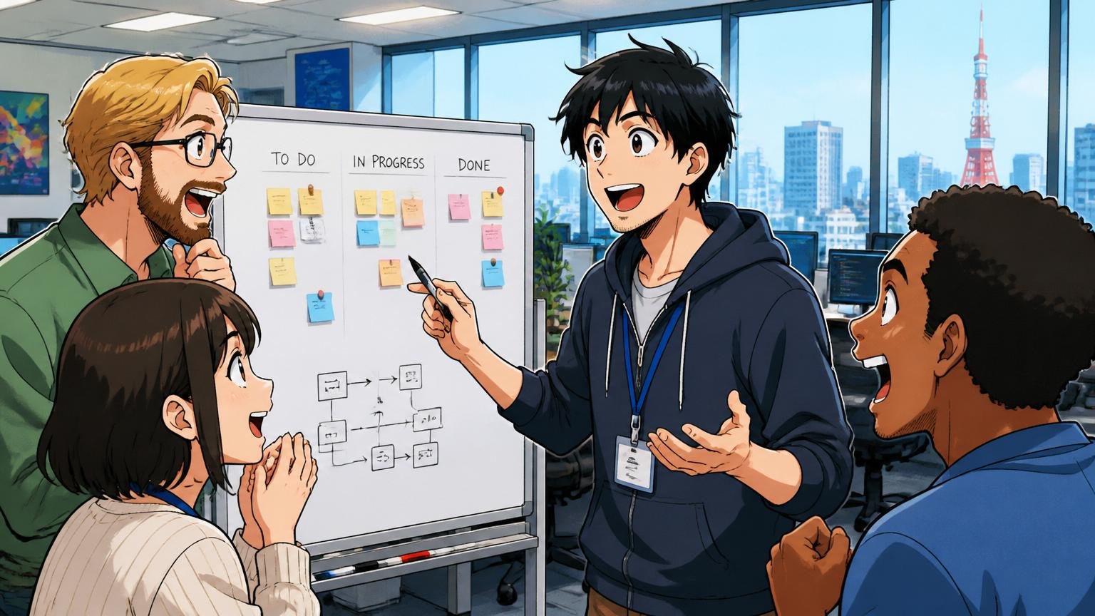 外資系IT企業の東京オフィスで多国籍チームと英語のスタンドアップミーティングを行う30代エンジニア