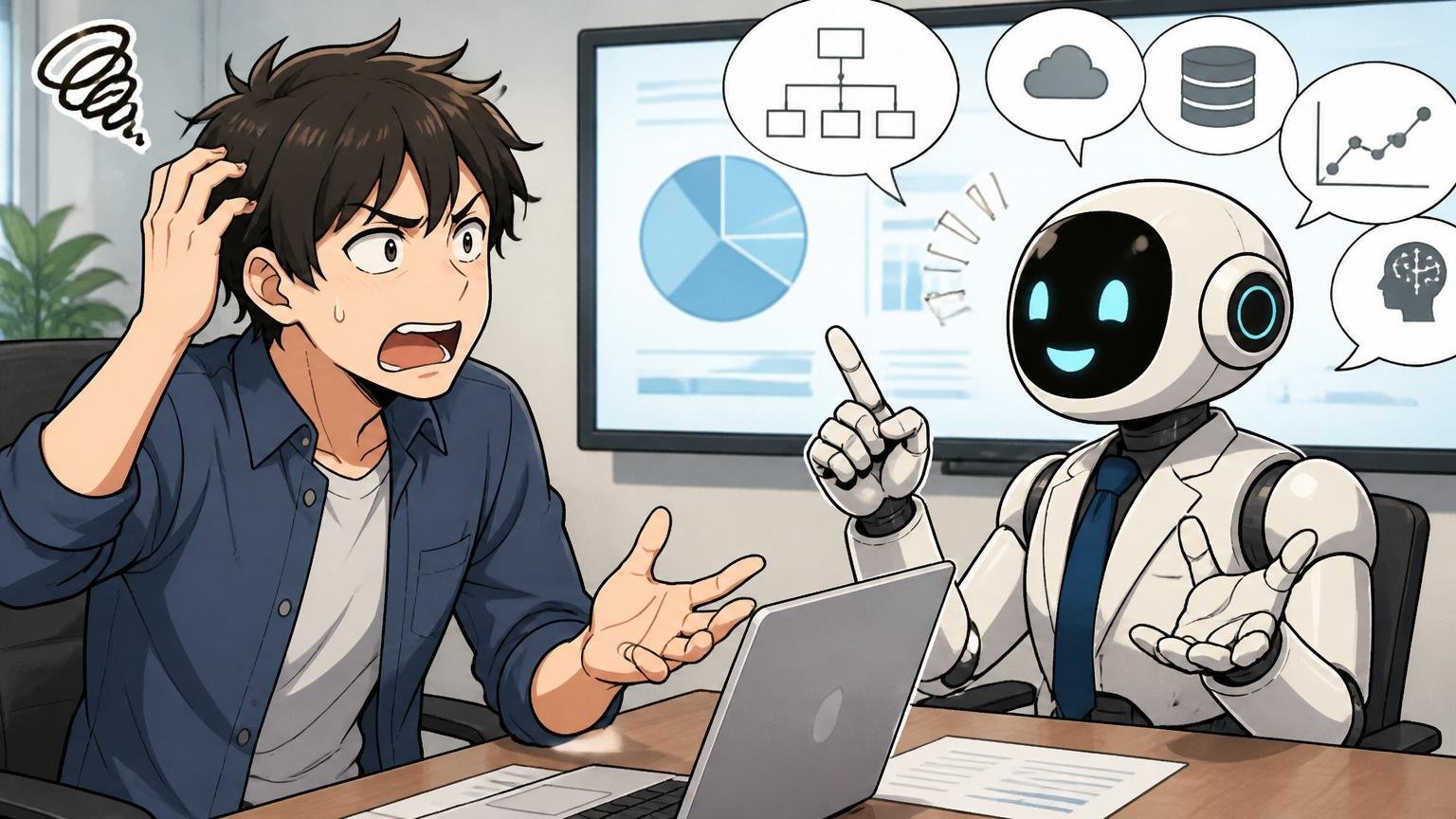 企業の会議室で総合型エージェントとの面談中に話が噛み合わず困惑するエンジニア1人