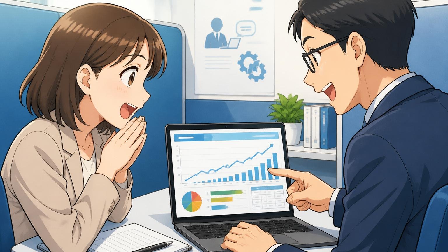 自分では気づけない市場価値の測り方を相談するIT特化型エージェントの面談ブースで30代女性SEがアドバイザーと年収シミュレーションを見る