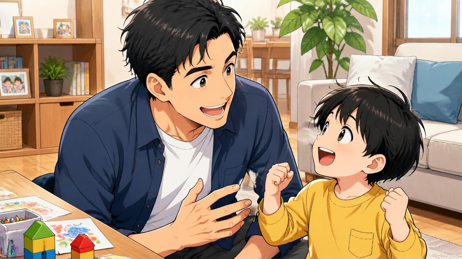 家族と過ごす休日の自宅リビングで子供と笑顔で会話する30代マネージャー1人