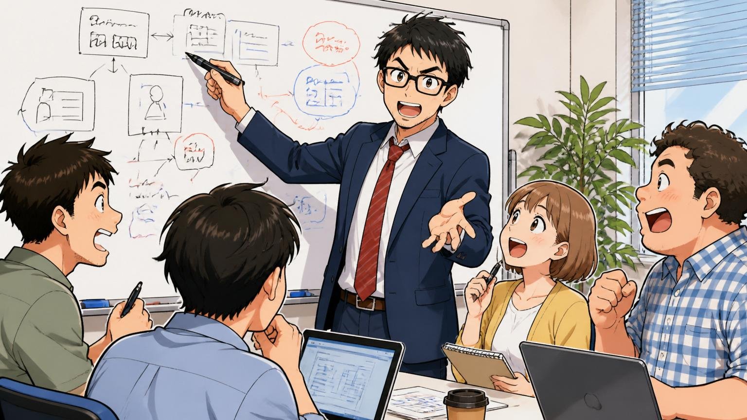 大規模プロジェクトの会議室でホワイトボードに要件定義を書き込むSIerプロジェクトマネージャー｜SIerの開発現場で複数の若手と打ち合わせ