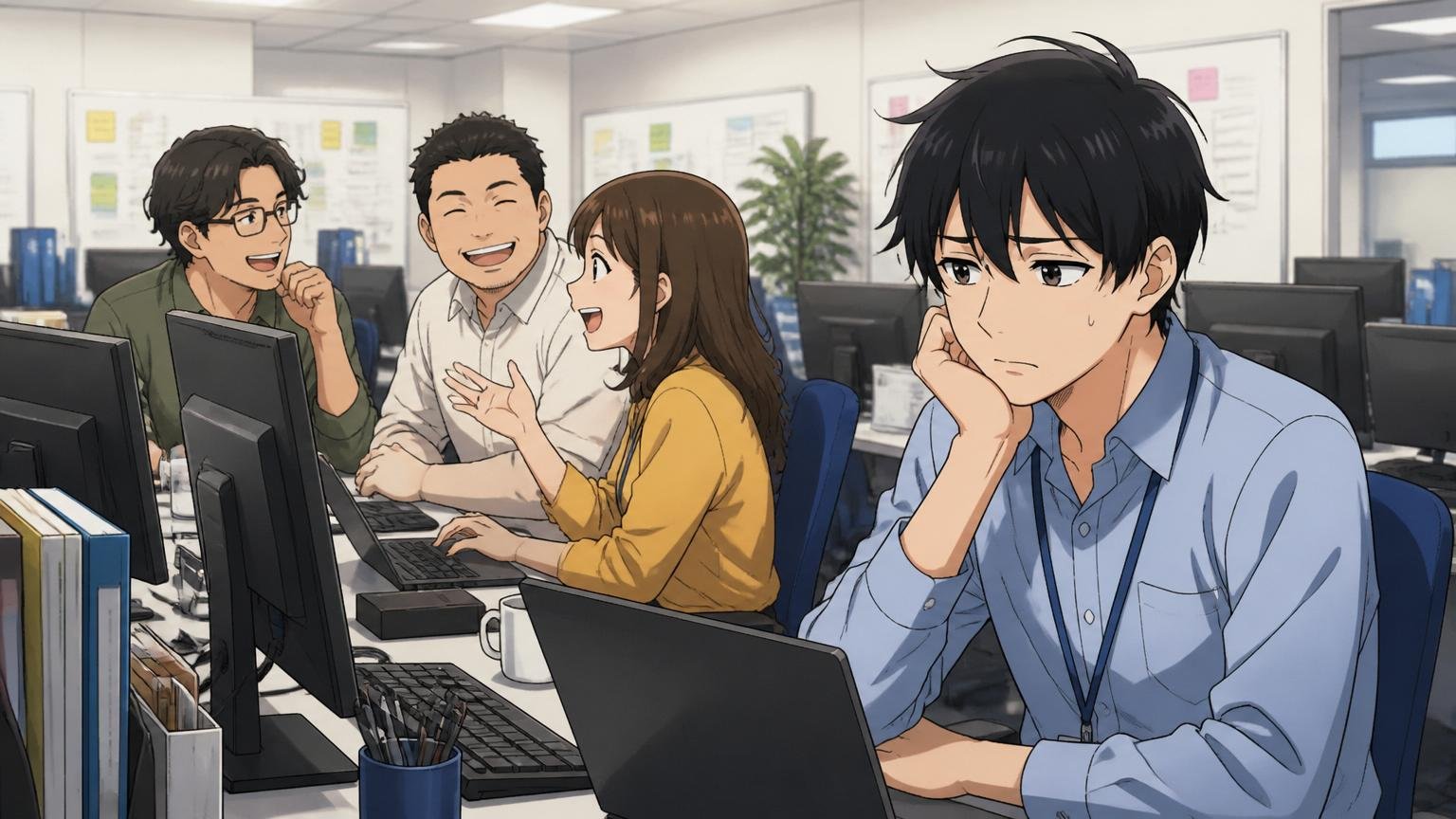客先常駐先のオフィスで他社社員と並んで作業するSIerのエンジニア、所属意識の薄れを感じる場面
