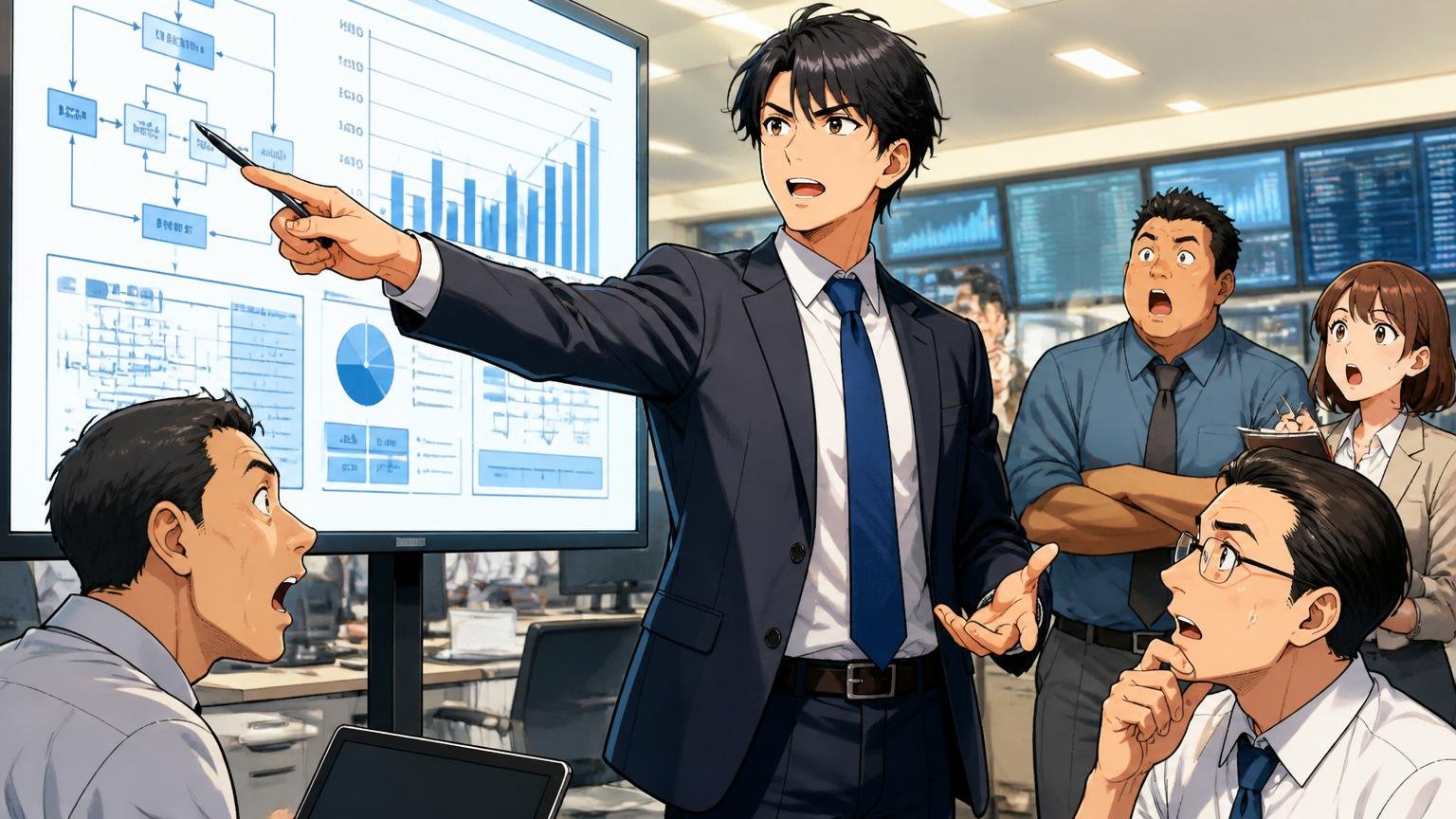 顧客提案・PMOから要件定義力への翻訳。投資銀行のフロアでプレゼン資料を説明する30代男性コンサル1人、自信ある姿