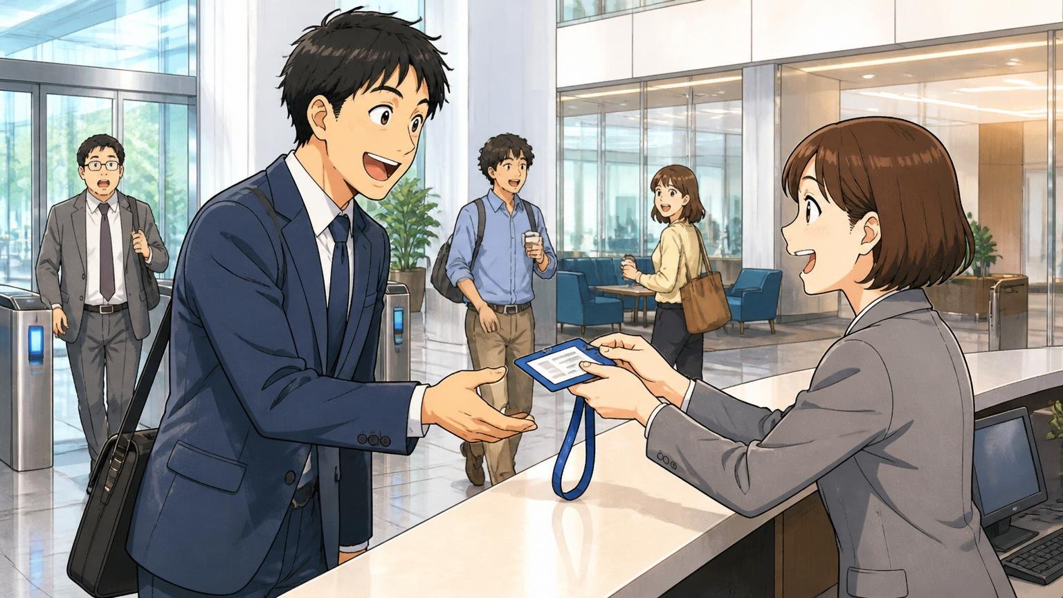 KDDIは中途採用の門を継続的に開けている、KDDIのような大手企業のオフィスエントランスで中途入社者がID証を受け取る場面