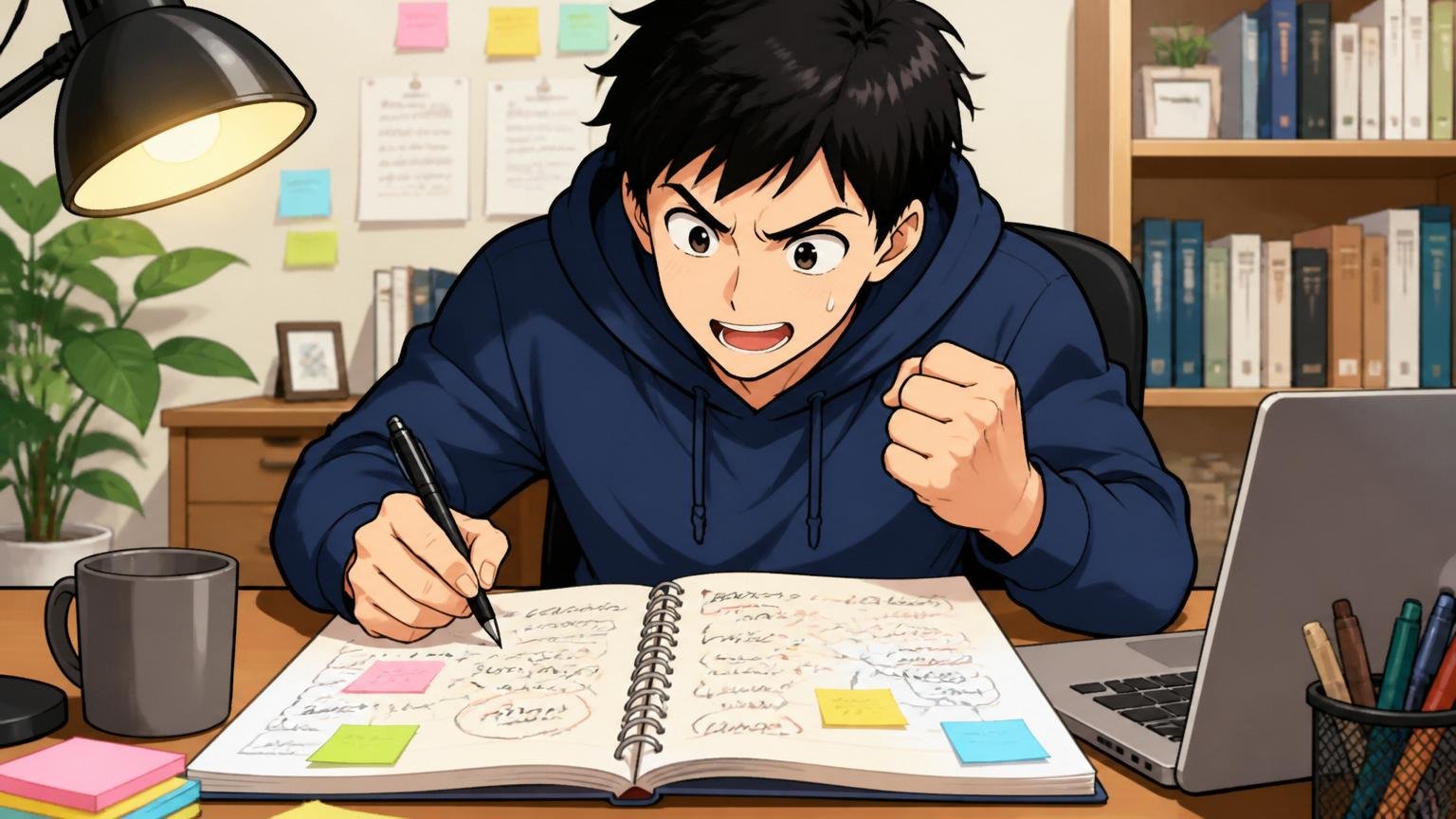 自宅で志望動機ノートにアイデアを書き出す転職活動中のエンジニア、デスクライト下のメモ作業、1人