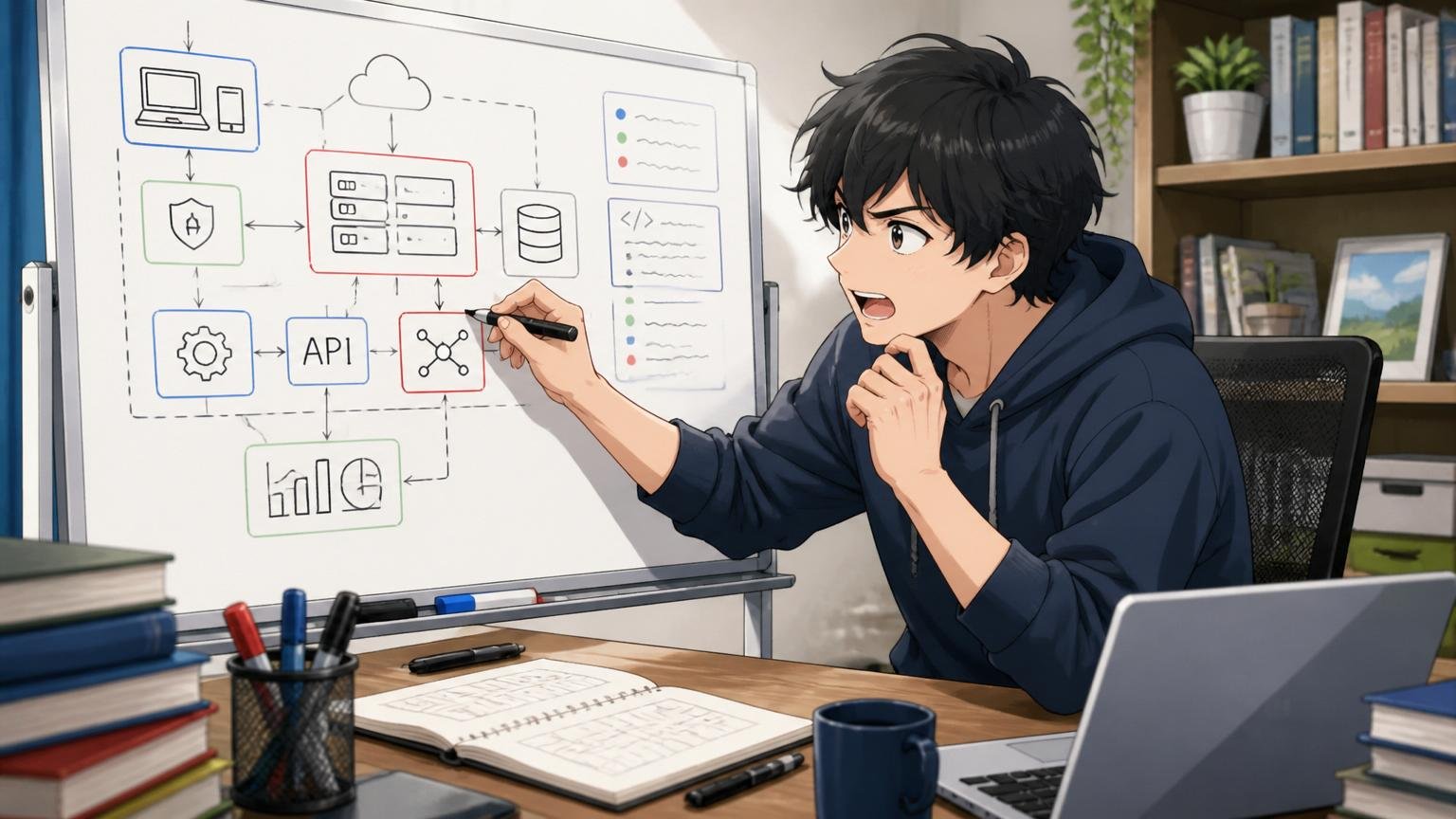 自分が扱いたい技術の方向性を整理するエンジニア、自宅のデスクでホワイトボードに技術スタックを書き出す20代後半男性1人