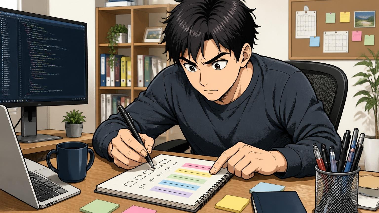 自宅のデスクで在宅勤務のエンジニア1人がToDoリストを書き出して優先順位を付けている真剣な様子