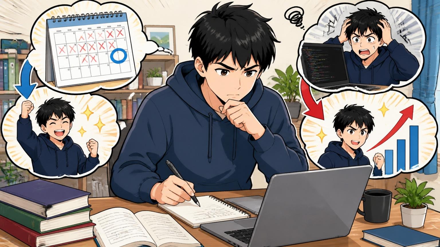 再応募までに空けるべき冷却期間と前回との差分の作り方。自宅のデスクで在宅勤務、20代男性エンジニア1人がスキル学習中の集中表情