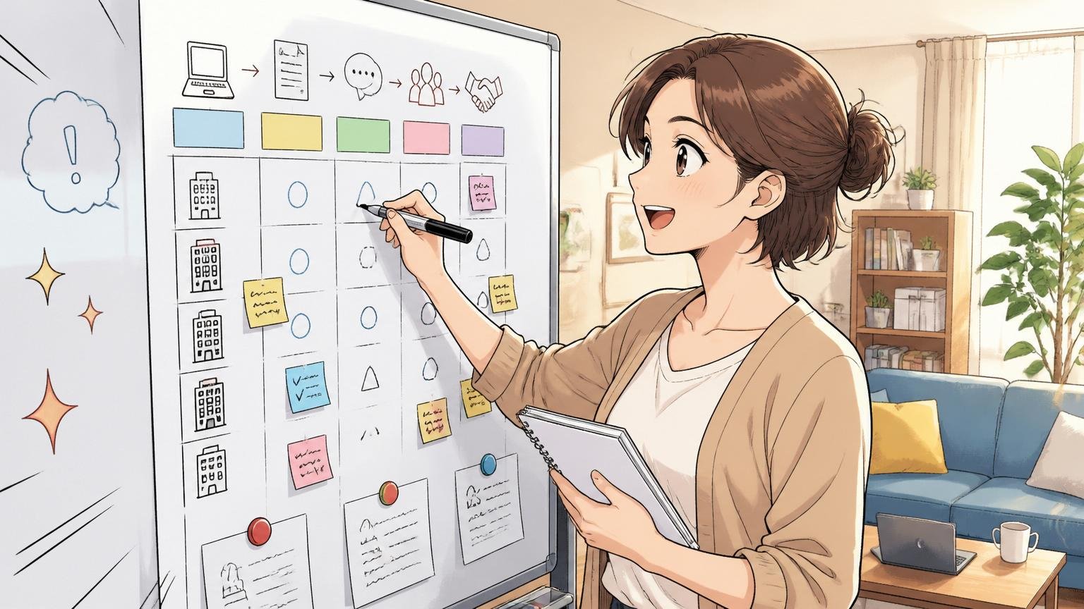 自宅のリビングで30代女性エンジニアが転職活動の進捗表をホワイトボードに書きながら整理する、前向きな表情