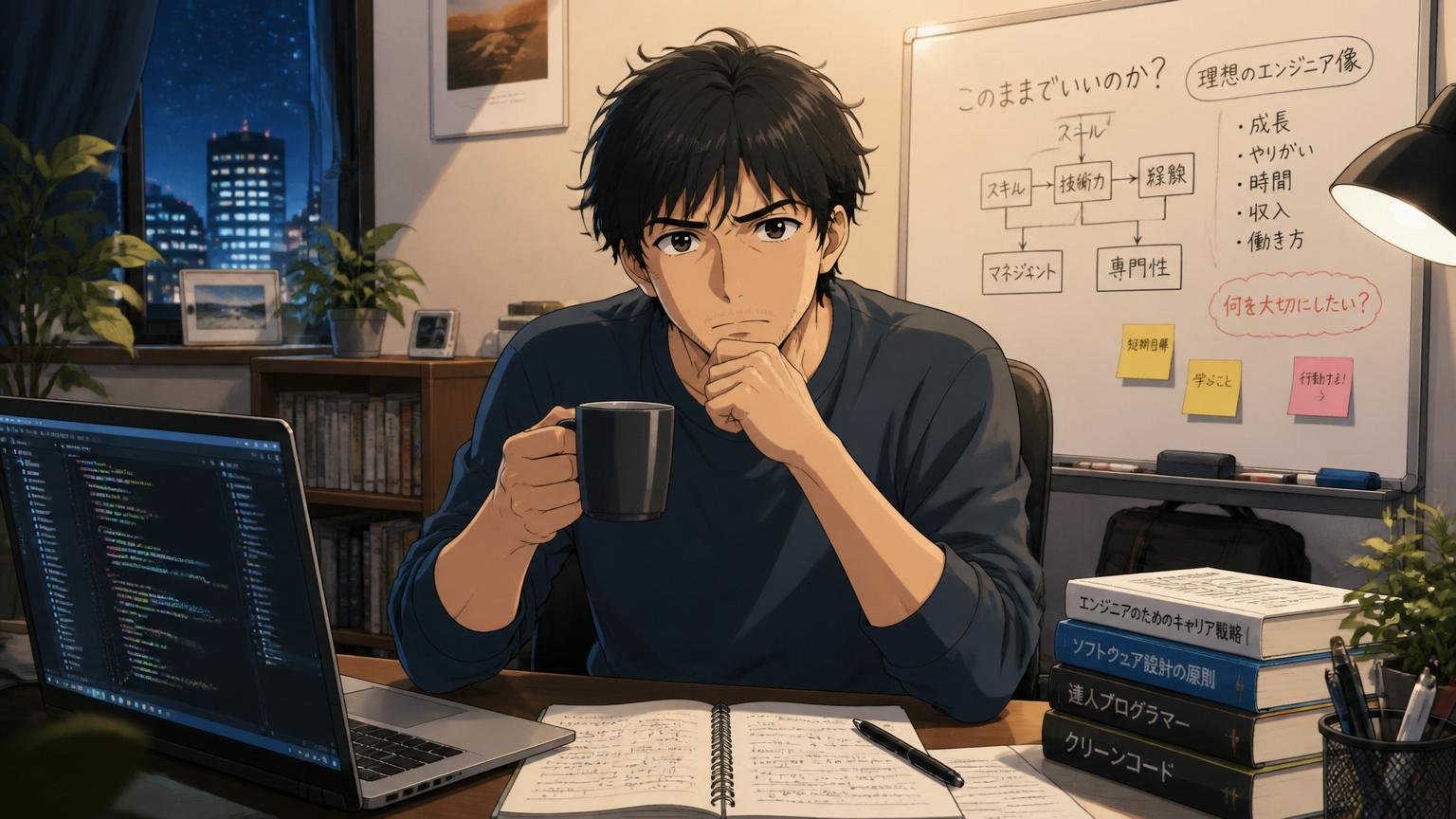 自宅のデスクで深夜にコーヒー片手にエンジニアキャリアを再考する30代男性1名が前を向く表情