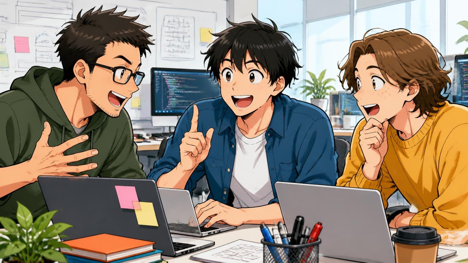 Web系スタートアップのオフィスでカジュアルに話し合う複数業界のエンジニア3名