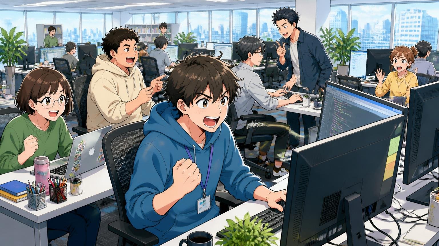 都心のIT企業のフロアで複数のエンジニアが活気を持って働き、空席もちらほら見える
