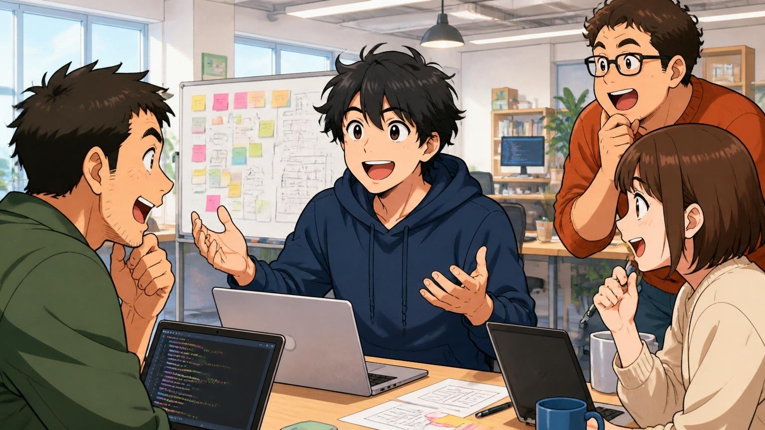 Web系スタートアップのオフィス、20代後半男性エンジニアが新しい環境で笑顔で打ち合わせ