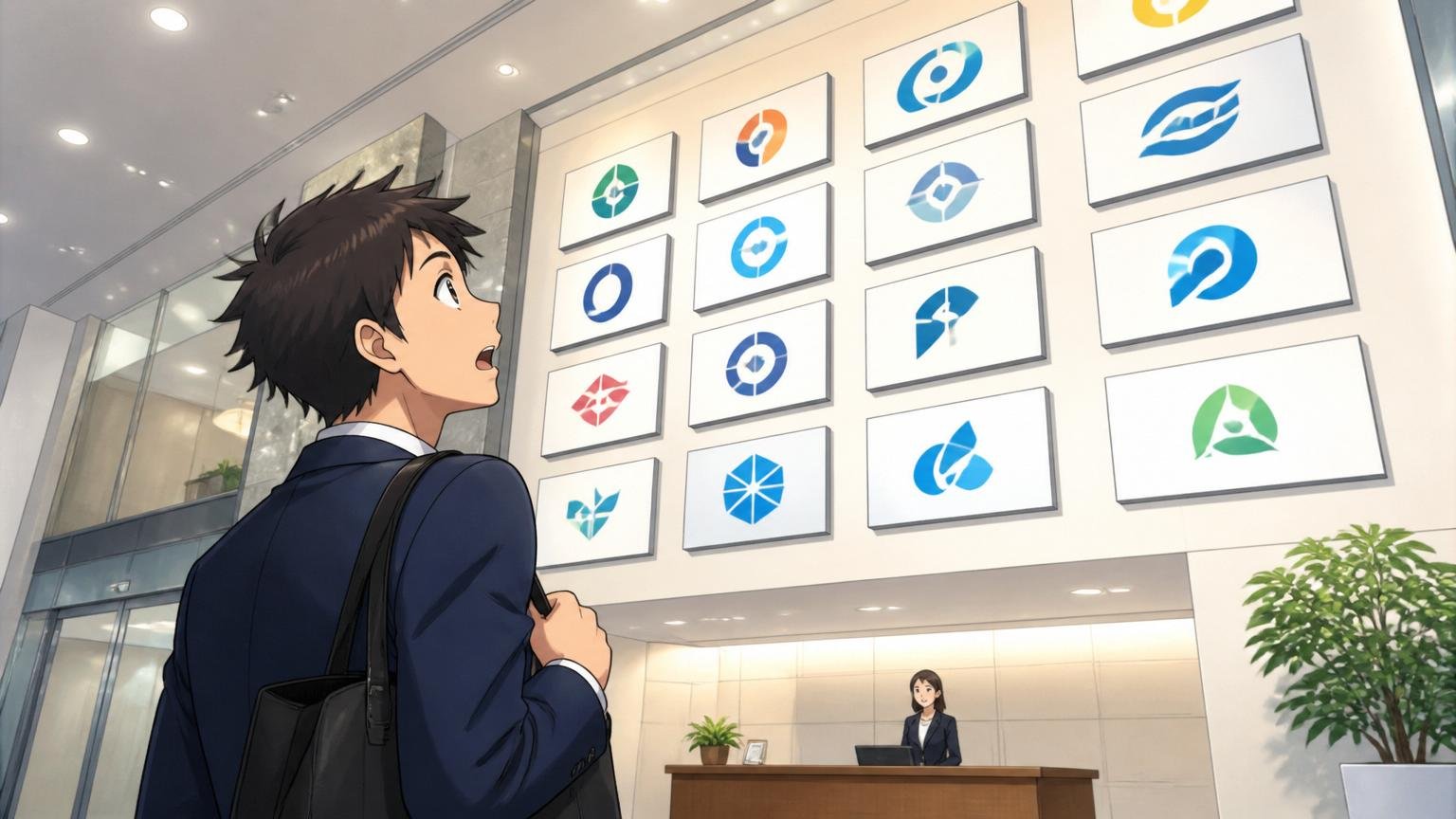 企業の本社受付でリクルートグループ各社のロゴ表示を見上げる応募者の様子