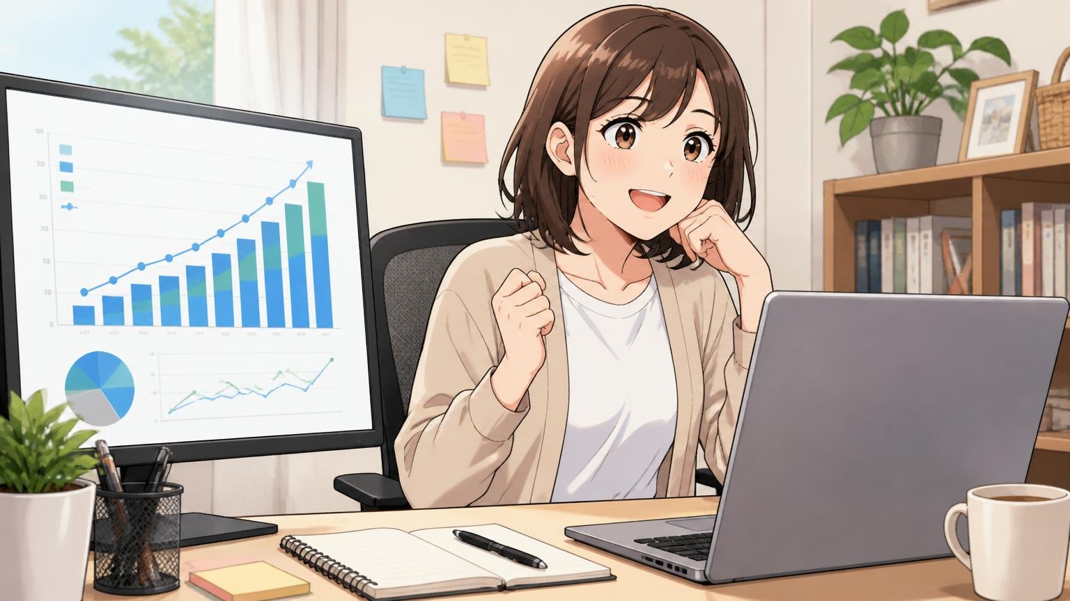 自宅のデスクで在宅勤務 IT人材需給グラフを見ながら市場を分析する30代女性エンジニアが安心した表情