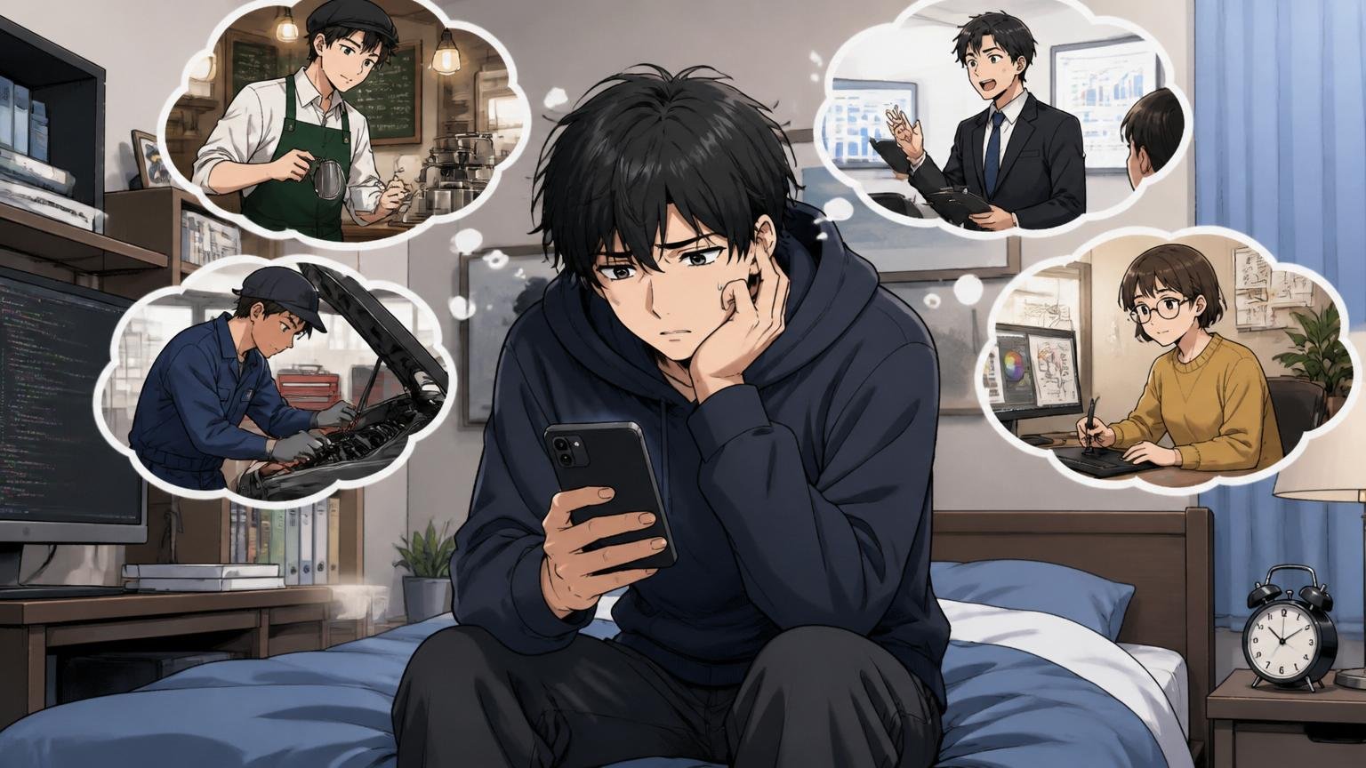 自宅のベッドで暗い表情でスマホを見ながら他業界への転職を考え込む20代のエンジニア