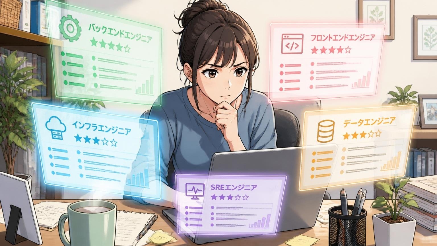 同じポジションへの再挑戦より別ポジションが現実的 自宅のデスクで複数の求人ポジションを比較するエンジニア 30代女性1人 集中した表情