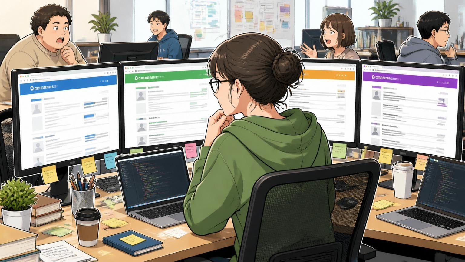 Web系スタートアップのオフィスで複数の求人サイトを並べて比較検討する30代女性エンジニアの背中越しの画面