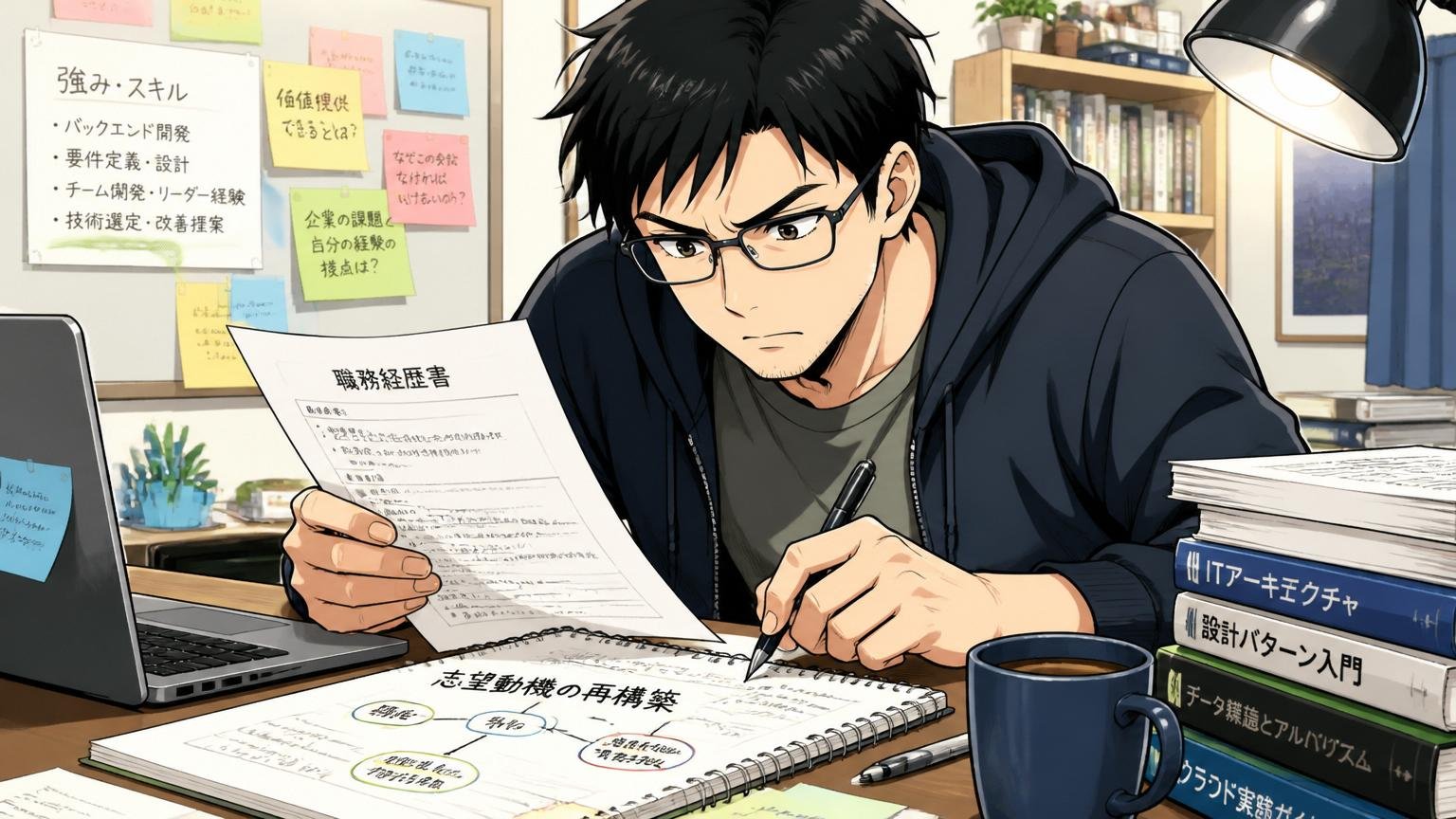 自宅のデスクで職務経歴書を書き直し志望動機を再構築する真剣な表情の30代エンジニア