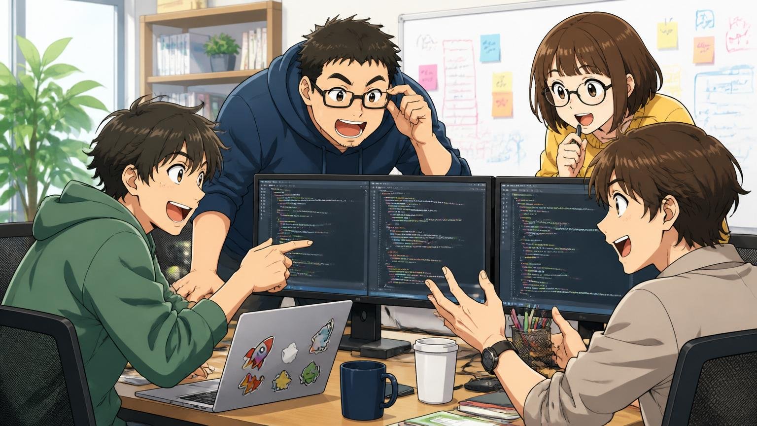 Web系スタートアップのオフィスで複数の開発者が和やかにコードレビューをしている場面