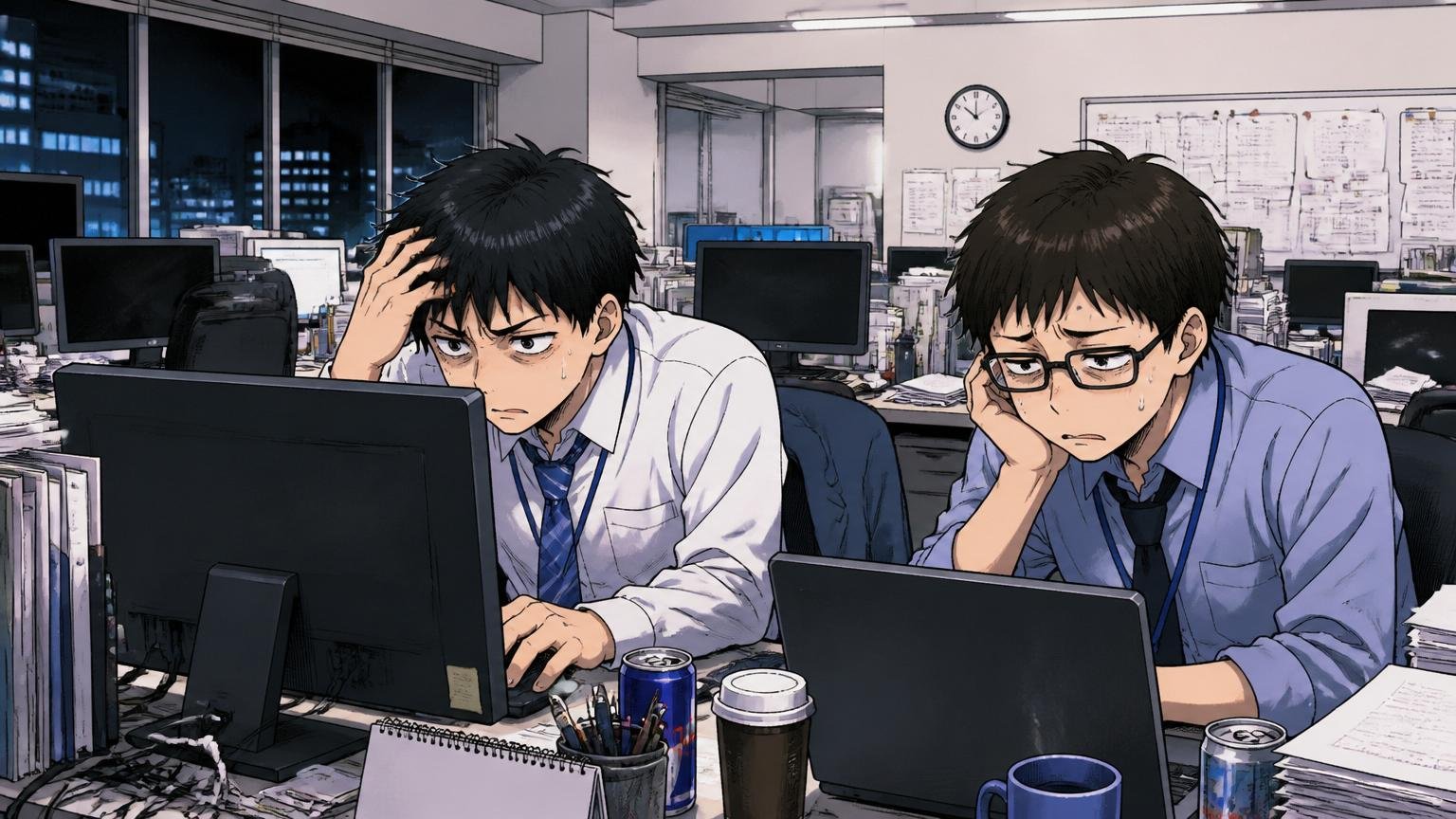 もしNTTデータに受かっていたらのIFを冷静に見つめ直す。SIerの開発フロアで深夜まで残業しているエンジニア2人