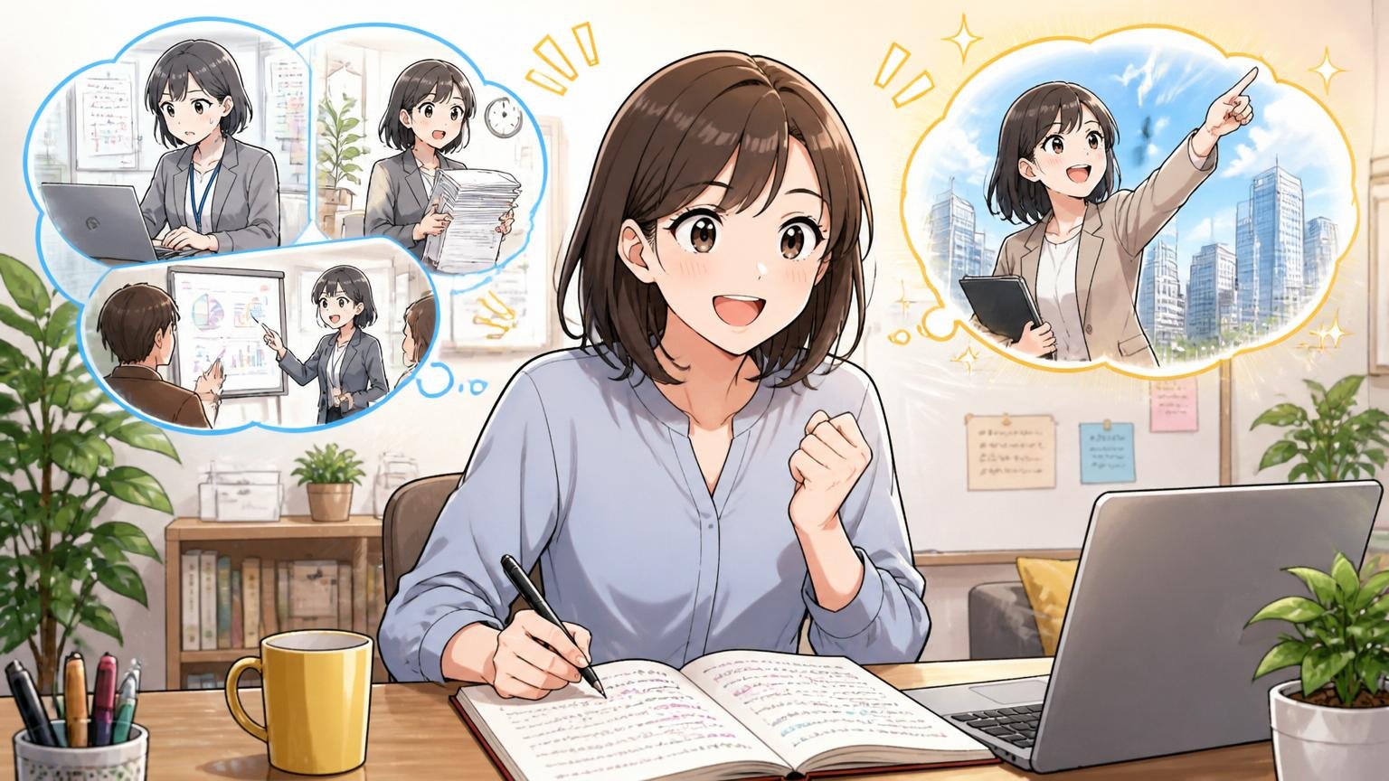 自宅のデスクで在宅勤務中の30代女性、ノートにキャリアの振り返りを書きながら表情が前向きに変わる瞬間