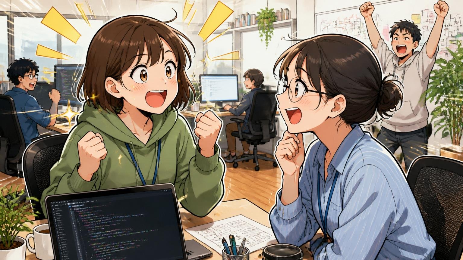 Web系スタートアップのオフィスで新しいキャリアの方向を考える女性エンジニア1人と相談相手のシーン。2人。方向転換の前向きさのオーバーリアクション