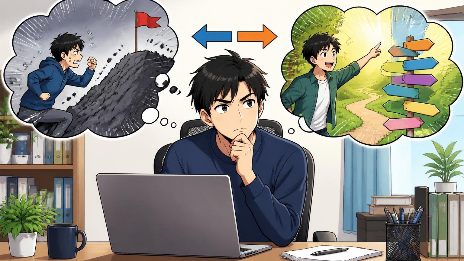 再挑戦よりも方向転換が向いているサイン／自宅のデスクで在宅勤務／30代エンジニア1名／キャリアの選択肢を比較検討する場面