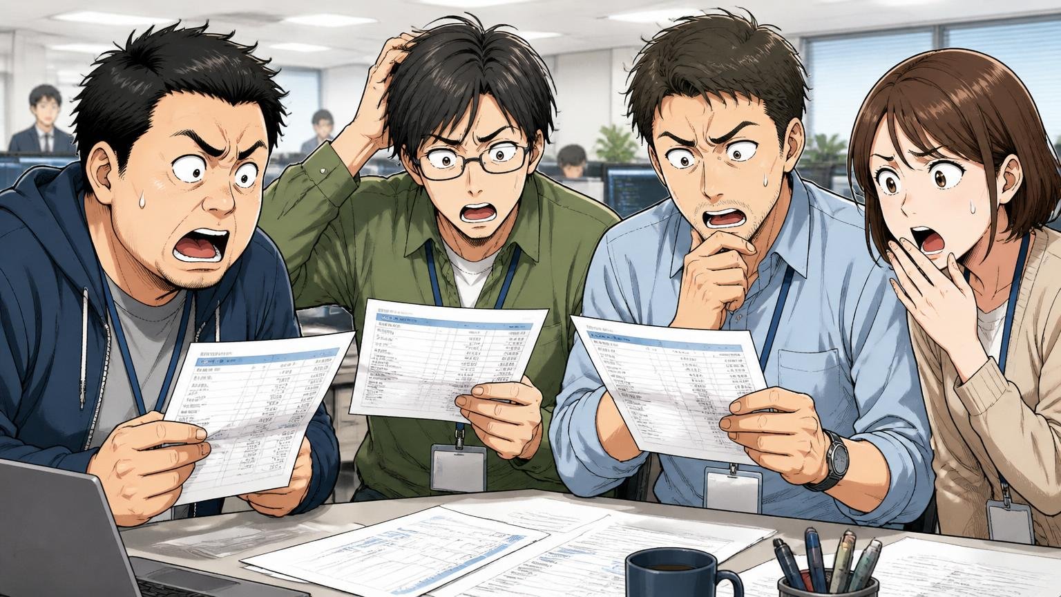 企業のオフィスで30代のエンジニア達が同期同士で給与明細を比較しながら困惑した表情を浮かべている