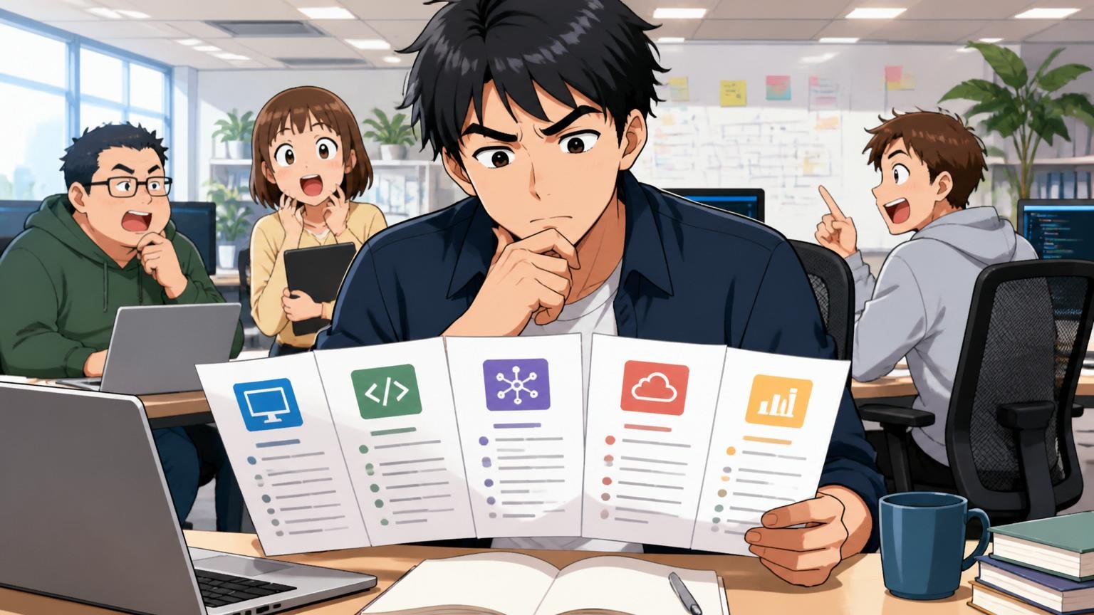 Web系スタートアップのオフィスで30代男性エンジニアが複数のエンジニア職種一覧を見比べながら次のチャレンジ職種を検討する