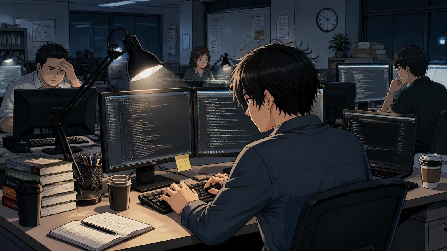 Web系企業の薄暗いオフィスで深夜まで残業しているエンジニアの背中、デスクライトだけが灯る静かなフロア