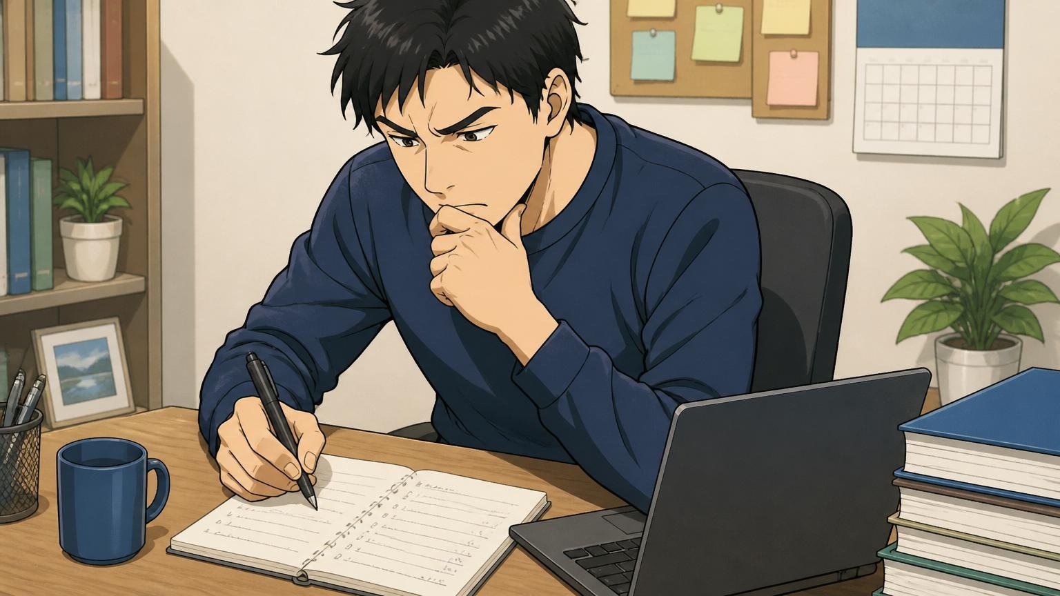 軸②あなたの志望動機はNECじゃないとダメレベルか。自宅のデスクで30代男性1人が志望動機を書き出して考え込んでいる