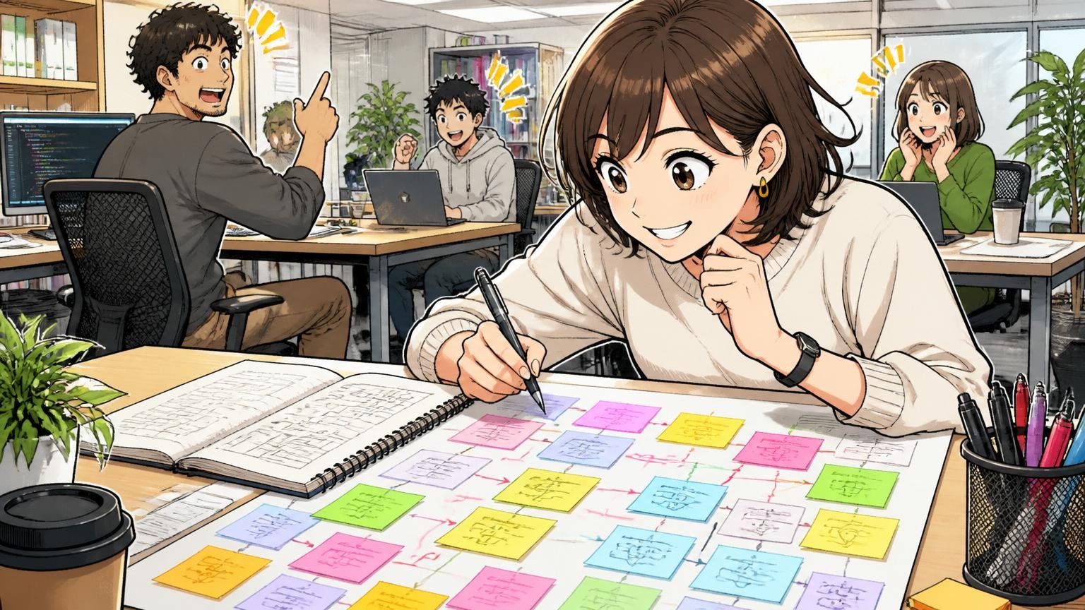 Web系スタートアップのオフィスでキャリアを再設計するノートを広げる30代女性エンジニア1人と地図のような付箋メモ