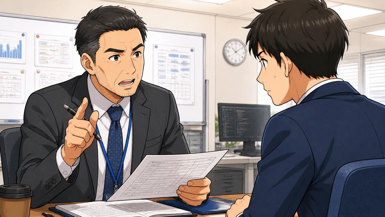SIerの開発現場で、40代男性係長が部下の30代エンジニアと評価面談をしている場面
